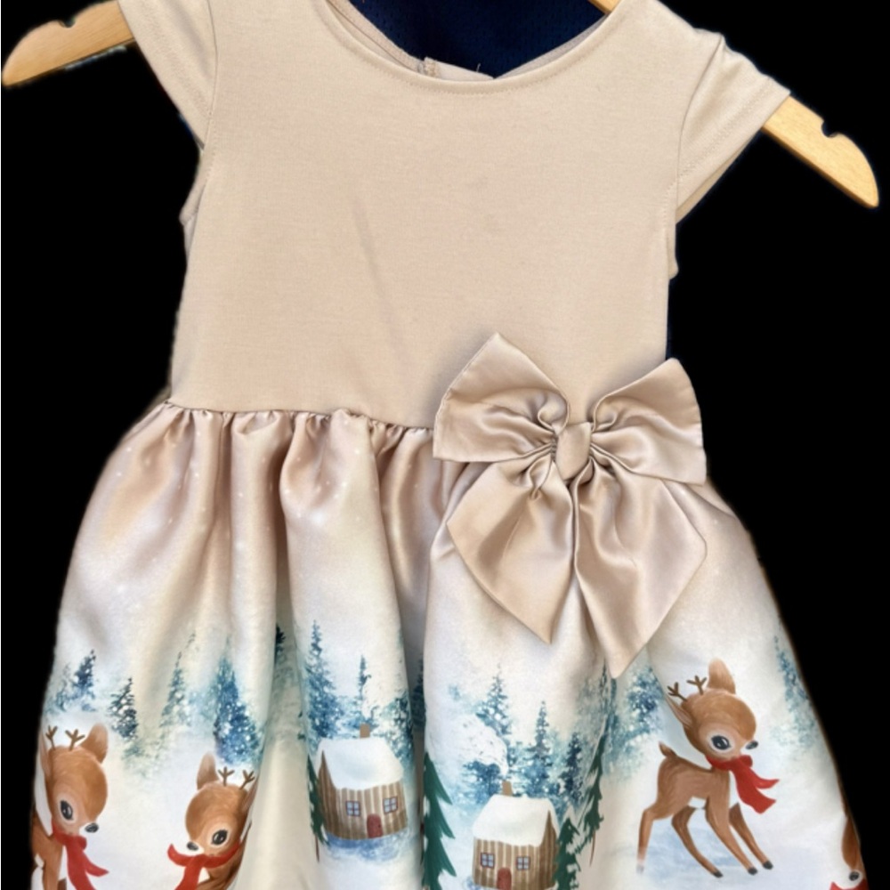 H&M Beige Kids Dress with Reindeer and Cabin Print